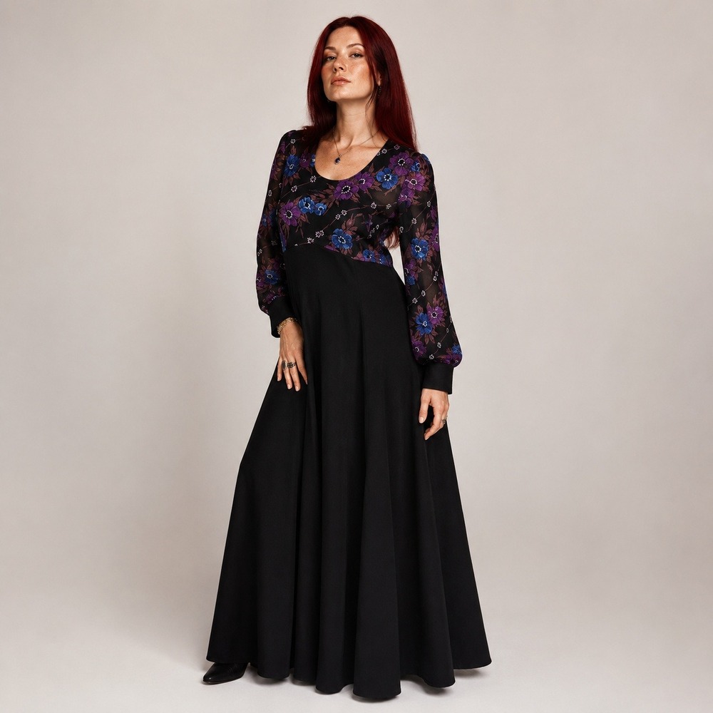 Vintage 70s Vincent Bastien Paris long sleeved maxi dress size 46 or Large